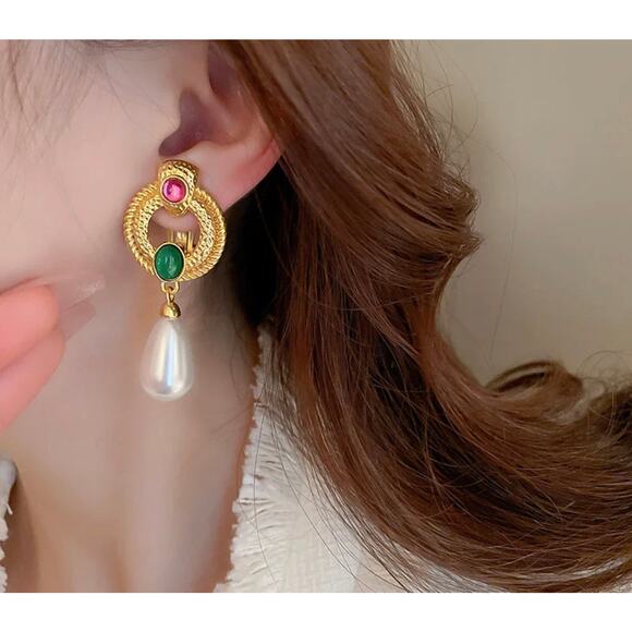 Clip on 2 1/4" gold, pink and green stone dangle white pearl earrings - Picture 3 of 5